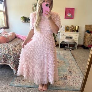 Mac duggal pink ruffle maxi dress